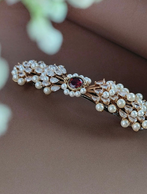 Pearl Hair Barrette Clip with Red Rhinestone - Pearl and Crystal Bridal Hair Clip